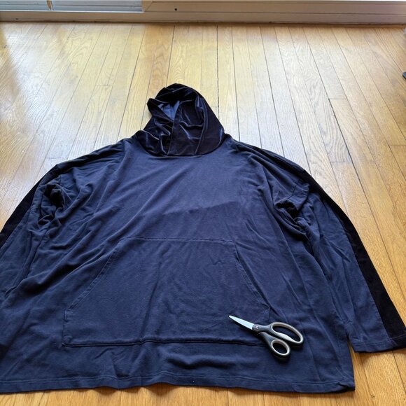 Eileen Fisher Size M Navy Blue Oversized Velvet Trim Hoodie Sweatshirt Pullover - Picture 11 of 16